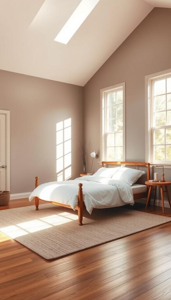 A serene and cozy bedroom bathed in soft, natural light. The walls are painted in a soothing, neutral palette of warm beige and muted gray tones, creating a calming, inviting atmosphere. Gentle sunlight streams in through large windows, casting a soft, diffused glow across the space. The hardwood floors are covered with a plush, natural fiber rug, adding texture and warmth. A minimalist, wooden bed frame takes center stage, dressed in crisp, white bedding and accented with a few carefully placed, natural decor elements. Overall, the scene exudes a sense of tranquility and simplicity, perfectly reflecting the "Cottage Comfort Meets Modern Bedroom Style" theme. A serene and cozy bedroom bathed in soft, natural light. The walls are painted in a soothing, neutral palette of warm beige and muted gray tones, creating a calming, inviting atmosphere. Gentle sunlight streams in through large windows, casting a soft, diffused glow across the space. The hardwood floors are covered with a plush, natural fiber rug, adding texture and warmth. A minimalist, wooden bed frame takes center stage, dressed in crisp, white bedding and accented with a few carefully placed, natural decor elements. Overall, the scene exudes a sense of tranquility and simplicity, perfectly reflecting the "Cottage Comfort Meets Modern Bedroom Style" theme.
