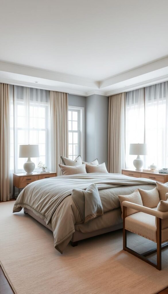A serene and elegant master bedroom, bathed in soft, diffused lighting. The focal point is a plush, king-size bed dressed in luxurious linens in a soothing palette of muted grays, creams, and warm beiges. Accent pillows in complementary hues of sage and taupe add depth and texture. The room is adorned with refined, contemporary furniture pieces in a mix of natural wood tones and brushed metallic accents. Large windows let in ample natural light, which filters through sheer, gauzy curtains. The walls are painted in a tranquil, barely-there blue-gray tone, creating an atmosphere of calm and sophistication. Subtle, indirect lighting fixtures provide a gentle glow, evoking a sense of retreat and relaxation.
