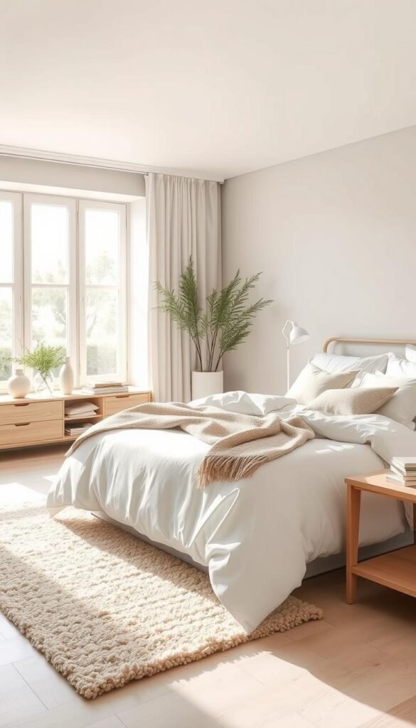 A serene and harmonious bedroom bathed in soft, muted tones. Crisp white bedding layered with soft gray and beige accents creates a calming, tranquil ambiance. The subtle textures of a woven throw blanket, plush pillows, and a shaggy area rug add depth and visual interest. Natural light streams in through large windows, casting a warm, diffused glow across the space. Sleek, minimalist furniture in light wood tones complements the soothing palette. This neutral color scheme exudes a sense of effortless sophistication and invites a peaceful, restorative atmosphere.