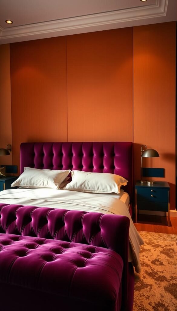 A serene and luxurious modern bedroom with a bold color palette. The room is bathed in warm, diffuse lighting, creating a cozy and inviting atmosphere. In the foreground, a plush, jewel-toned velvet headboard anchors the bed, its rich hue complemented by accents of gold and brass. In the middle ground, a pair of minimalist nightstands with clean lines and a deep, saturated blue finish stand as stylish focal points. The background features a statement wall in a vibrant, earthy tone, serving as a grounding and textural backdrop that evokes a sense of calm and serenity. Subtle hints of natural materials, such as wood and stone, add depth and visual interest to the space. The overall impression is one of luxurious sophistication and relaxation. A serene and luxurious modern bedroom with a bold color palette. The room is bathed in warm, diffuse lighting, creating a cozy and inviting atmosphere. In the foreground, a plush, jewel-toned velvet headboard anchors the bed, its rich hue complemented by accents of gold and brass. In the middle ground, a pair of minimalist nightstands with clean lines and a deep, saturated blue finish stand as stylish focal points. The background features a statement wall in a vibrant, earthy tone, serving as a grounding and textural backdrop that evokes a sense of calm and serenity. Subtle hints of natural materials, such as wood and stone, add depth and visual interest to the space. The overall impression is one of luxurious sophistication and relaxation.