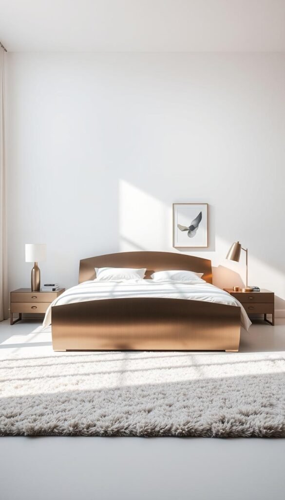A serene and minimalist bedroom interior, bathed in soft, natural light filtering through large windows. In the foreground, a stunning statement piece takes center stage - a sleek, sculptural headboard in a rich, brushed metal finish, commanding attention. Complementing it, a matching nightstand with clean lines and a statement lamp, casting a warm, ambient glow. In the middle ground, a plush, neutral-toned area rug anchors the space, adding texture and depth. The background features crisp, white walls, with a single, minimalist piece of artwork adding a touch of elegance. The overall atmosphere is one of understated sophistication, where every piece is intentionally curated to create a harmonious, visually captivating sanctuary.