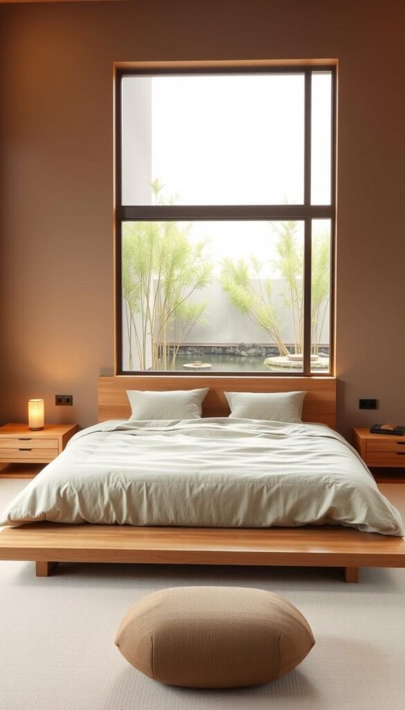 A serene and minimalist bedroom with a modern Japandi aesthetic. The foreground showcases a low-profile platform bed with a neutral-toned linen duvet and matching accent pillows, surrounded by natural wood nightstands and a floating shelf. In the middle ground, a large picture window frames a tranquil outdoor landscape, with bamboo plants and a calming water feature visible. The background is painted in a soothing, earthy palette, with warm lighting softly illuminating the space. The overall atmosphere exudes a sense of balance, harmony, and mindfulness, capturing the essence of a Zen-inspired modern Japandi design.