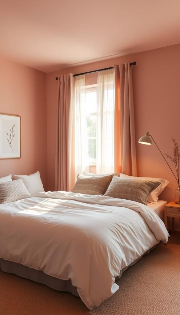 A serene and tranquil bedroom, bathed in warm, muted tones. The walls are painted in a soft, dusty pink, creating a calming and inviting atmosphere. A large, plush bed with crisp white linens and textured throw pillows in shades of beige and gray anchors the space. A sheer, billowing curtain frames the window, allowing natural light to filter in and cast a gentle glow throughout the room. Delicate botanical wall art and a minimalist, wooden nightstand complete the serene and feminine aesthetic. The lighting is soft and diffused, with a single, pendant lamp casting a warm, ambient glow. The overall mood is one of understated elegance and soothing comfort.