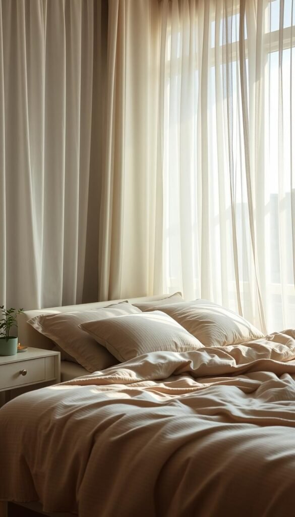 A serene and tranquil bedroom setting, bathed in soft, natural lighting. The color palette exudes a calming ambiance, featuring muted tones of sage green, dusty blue, and warm beige. The bed is adorned with plush, textured linens, creating a cozy and inviting atmosphere. Sheer curtains gently sway, allowing the gentle breeze to fill the space. A pair of minimalist nightstands flank the bed, their surfaces adorned with a single potted plant and a small, glowing candle. The overall scene radiates a sense of harmony and relaxation, perfect for a romantic and peaceful modern bedroom retreat.