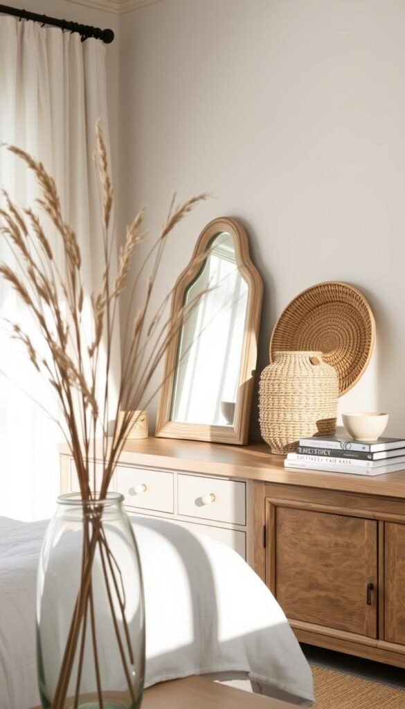 A serene coastal bedroom with a curated collection of natural, textural decor accessories. In the foreground, a delicate glass vase holds wispy dried grasses, casting soft shadows. On the midground dresser, a driftwood-framed mirror reflects the natural light streaming in through sheer linen curtains. In the background, a pair of woven rattan baskets sit atop a distressed wood sideboard, complemented by a weathered ceramic bowl and a stack of artfully arranged coffee table books. The overall mood is one of calming minimalism and understated elegance, evoking the tranquil ambiance of a coastal retreat.