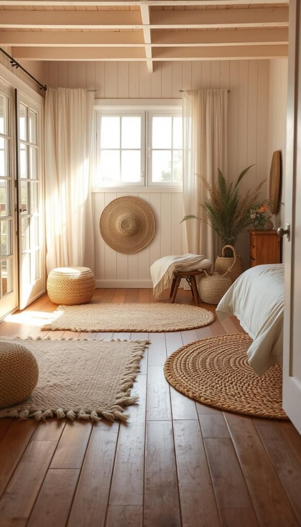 A serene coastal bedroom with wooden floorboards, gently weathered by the sea breeze. Soft, plush rugs in shades of sand and driftwood anchor the space, inviting bare feet to sink in. Shafts of warm, golden light stream through large windows, casting a tranquil glow. Textures of sisal, jute, and natural fibers harmonize with the breezy, beach-inspired palette. An effortless, relaxed atmosphere emanates throughout, as if the soothing sound of waves could be heard just beyond the door. A serene coastal bedroom with wooden floorboards, gently weathered by the sea breeze. Soft, plush rugs in shades of sand and driftwood anchor the space, inviting bare feet to sink in. Shafts of warm, golden light stream through large windows, casting a tranquil glow. Textures of sisal, jute, and natural fibers harmonize with the breezy, beach-inspired palette. An effortless, relaxed atmosphere emanates throughout, as if the soothing sound of waves could be heard just beyond the door.