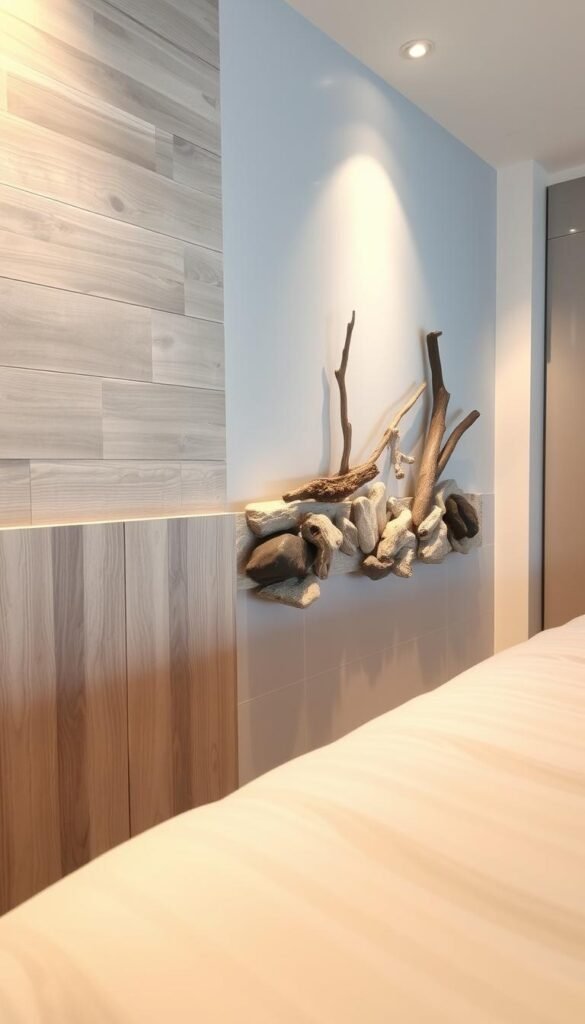 A serene coastal wall treatment, capturing the essence of a modern beach retreat. In the foreground, a textured, weathered wooden panel treatment extends across the wall, evoking the timeless charm of a seaside cottage. The middle ground features a mix of natural materials, such as smooth river stones and driftwood accents, artfully arranged to create a tactile, organic display. In the background, a soft, muted palette of blues and grays reflects the calming hues of the ocean, complemented by the warm glow of subtle, recessed lighting that casts a gentle, relaxing ambiance throughout the space. The overall composition exudes a sense of effortless, coastal-inspired elegance, perfect for creating a tranquil and inviting atmosphere in a modern beach bedroom retreat.