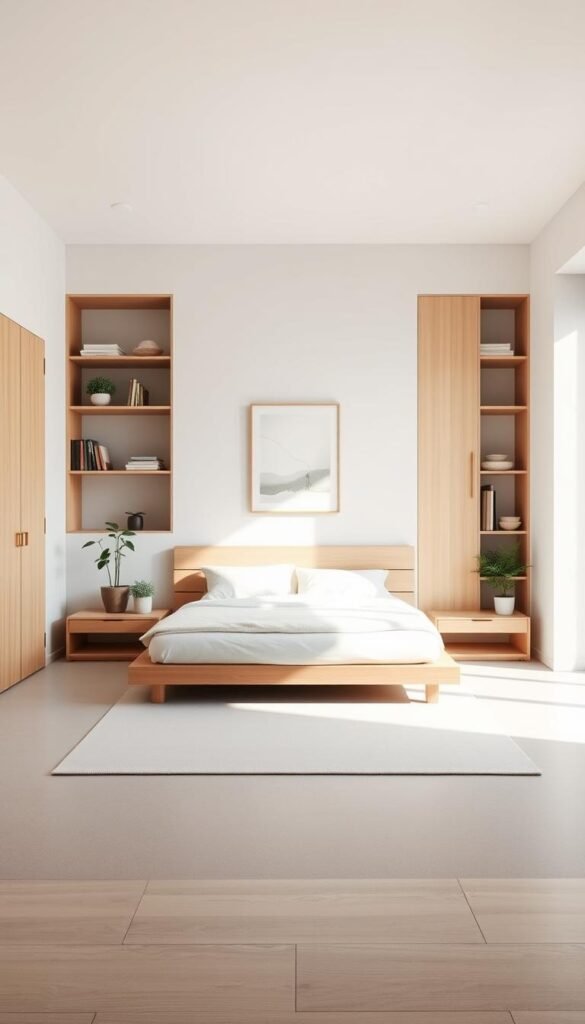 A serene, decluttered zen bedroom with minimalist storage solutions. Soft natural lighting floods the spacious room, creating a peaceful ambiance. A low platform bed with clean white linens takes center stage, flanked by simple nightstands. Built-in wall shelves and closets line the background, neatly organizing personal items. The color palette is soothing, featuring muted grays, whites, and natural wood tones. Potted plants and a single piece of abstract wall art add subtle touches of life. The overall atmosphere exudes calm, order, and a sense of mental clarity.