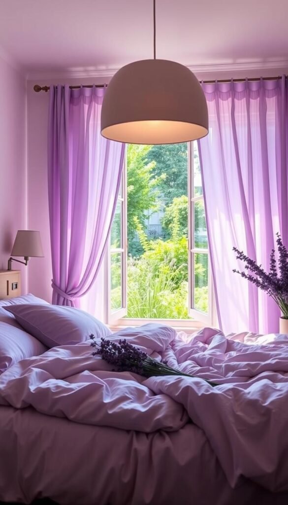 A serene, light-filled lavender bedroom with soft, wispy curtains framing an open window overlooking a lush, verdant garden. Plush, inviting bedding in various shades of purple creates a cozy, tranquil ambiance. Delicate floral accents, such as a lavender bouquet on the nightstand, complement the color scheme. Warm, diffused lighting from a large, pendant lamp casts a gentle glow, while natural sunlight streams in, lending an ethereal quality to the space. The overall composition evokes a sense of calm, restorative retreat, perfect for unwinding and relaxation.