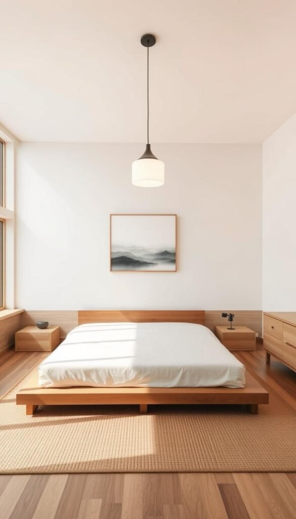 A serene, minimalist Japanese-inspired bedroom space. A low-profile platform bed with a solid wood frame sits atop a natural woven area rug, illuminated by warm, diffused lighting from a hanging pendant lamp. The walls are adorned with a single, abstract landscape painting, creating a sense of tranquility. The room is sparsely furnished, with a simple nightstand and a sleek, linear dresser in a light-colored wood. Large windows allow natural light to flood the space, blending seamlessly with the clean, uncluttered aesthetic. The overall atmosphere evokes a feeling of simplicity, calm, and harmony.