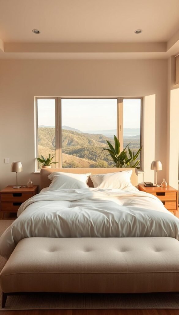 A serene, minimalist bedroom design with wellness features. A large, inviting bed with plush, cloud-like bedding takes center stage, bathed in warm, natural lighting from a pair of large windows framing a picturesque landscape. On either side of the bed, sleek wooden nightstands hold subtle, mood-setting lamps. In the corner, a cozy reading nook with a comfortable armchair and a floor-to-ceiling plant-filled bookshelf promotes mindfulness. Soft textures, neutral tones, and clean lines create a calming, spa-like atmosphere for ultimate relaxation.
