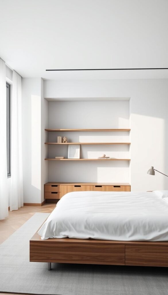 A serene, minimalist bedroom featuring clean lines and a calming atmosphere. In the foreground, a low-profile platform bed with crisp white bedding and a pair of sleek nightstands with discreet storage compartments. The middle ground showcases a floating shelf system, seamlessly integrated into the wall, showcasing a few carefully curated decor pieces. The background reveals a large window, allowing natural light to flood the space and creating a sense of openness and tranquility. The room is bathed in soft, diffused lighting, highlighting the muted color palette of grays, whites, and natural wood tones. The overall composition radiates a harmonious, organized, and modern aesthetic, perfectly capturing the essence of "Maximizing Storage with a Minimalist Mindset".