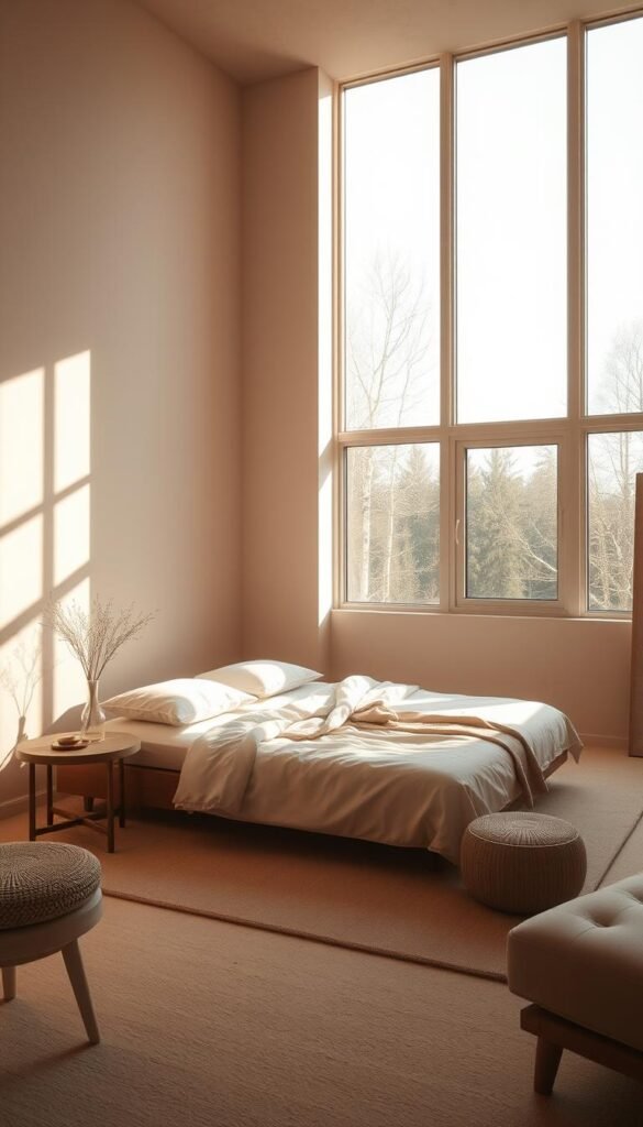 A serene, minimalist bedroom flooded with soft, natural light streaming through large windows. The room is sparsely furnished, with a low-profile bed, a few functional pieces, and clean, uncluttered surfaces. Warm, earthy tones create a calming ambiance, complemented by the smooth, matte textures of the décor. The overall atmosphere is one of clarity and tranquility, inviting a sense of mindfulness and rest. A well-curated space that reflects the ethos of modern, minimalist living.