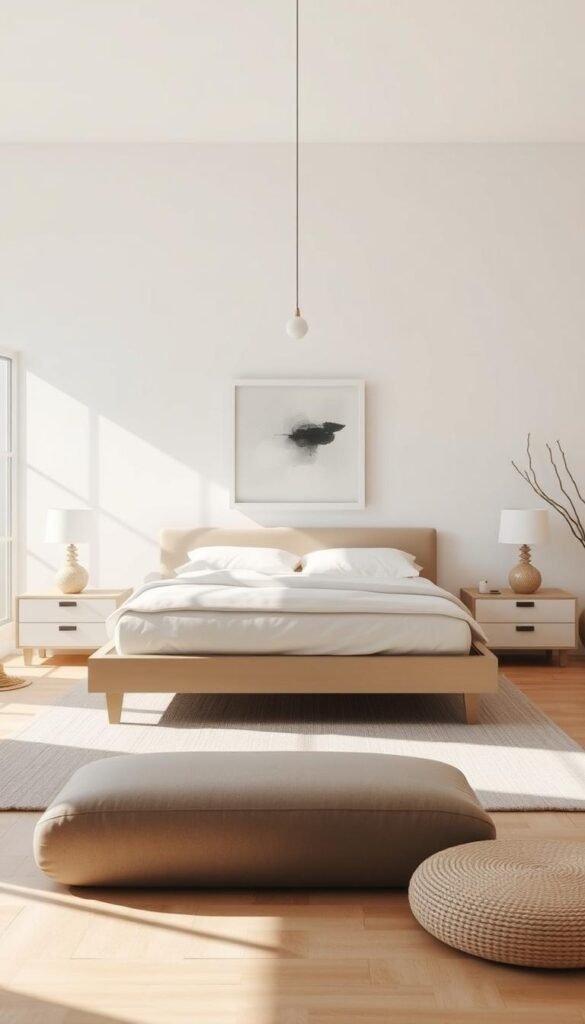 A serene, minimalist bedroom with a focal point. Soft, natural lighting spills in through large windows, casting a warm glow on the clean-lined furniture. A modern platform bed takes center stage, topped with crisp white linens and a single statement-making piece of abstract art hung above it. Sleek nightstands and a minimalist pendant light flank the bed, creating a sense of balance. The walls are painted in a soothing pastel tone, allowing the furnishings to shine. Subtle textures like a plush area rug and woven accents add depth without distracting from the room's pared-back elegance. An overall atmosphere of tranquility and simplicity, perfect for a restful retreat. A serene, minimalist bedroom with a focal point. Soft, natural lighting spills in through large windows, casting a warm glow on the clean-lined furniture. A modern platform bed takes center stage, topped with crisp white linens and a single statement-making piece of abstract art hung above it. Sleek nightstands and a minimalist pendant light flank the bed, creating a sense of balance. The walls are painted in a soothing pastel tone, allowing the furnishings to shine. Subtle textures like a plush area rug and woven accents add depth without distracting from the room's pared-back elegance. An overall atmosphere of tranquility and simplicity, perfect for a restful retreat.