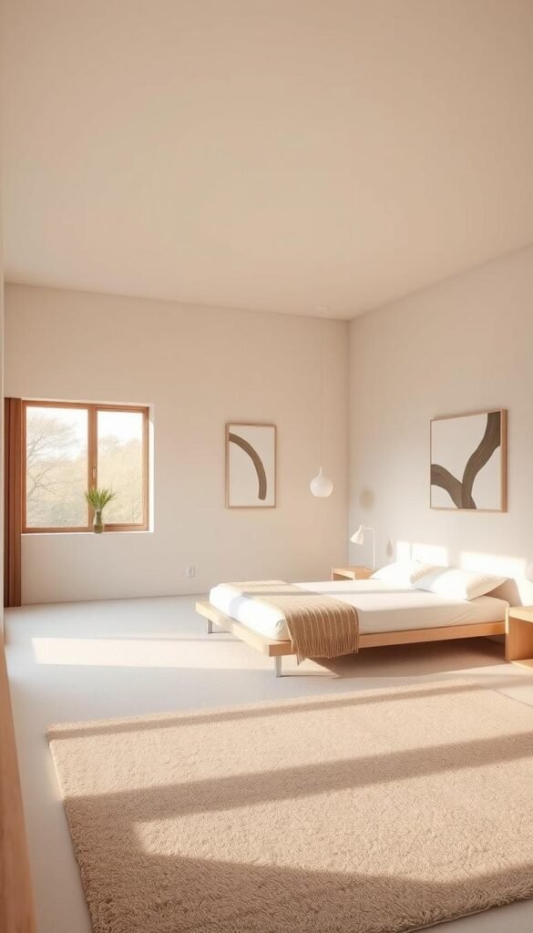 A serene, minimalist space with a focus on negative space. A tranquil bedroom with clean lines, muted tones, and an abundance of open, uncluttered areas. Soft, natural lighting filters in through large windows, casting a warm, calming glow. Sparse furnishings, including a low, platform bed and a single, minimal nightstand, allow the space to breathe. The walls are bare, save for a single, abstract piece of artwork that echoes the minimalist aesthetic. The floor is covered in a plush, neutral-toned rug, inviting barefoot movement. An overall sense of harmony, simplicity, and serenity pervades the scene.