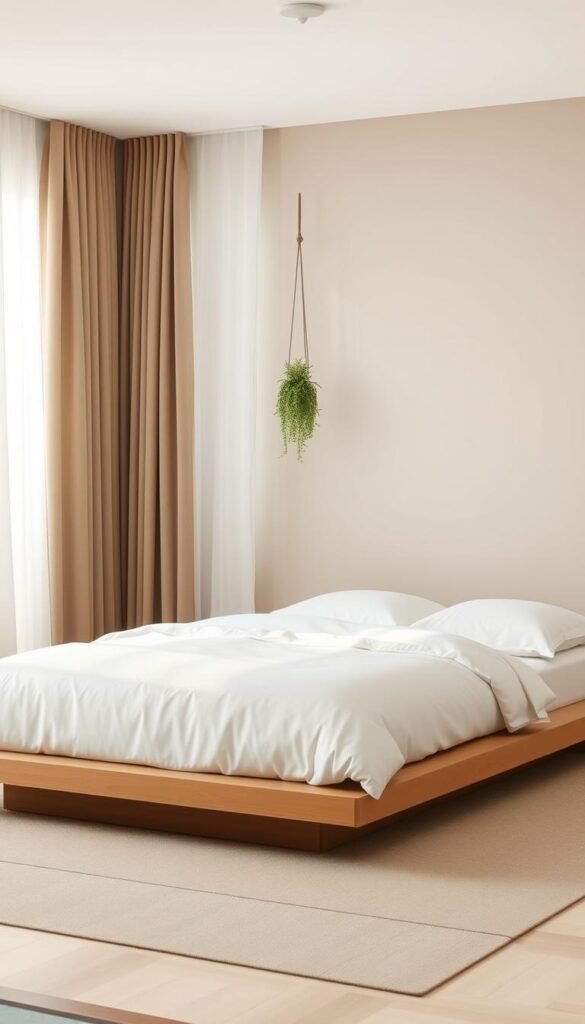 A serene, minimalist zen bedroom with a soothing color palette. Soft, natural light filters through sheer curtains, illuminating a zen-inspired space with clean lines and organic textures. In the foreground, a low-profile platform bed is dressed in crisp, white linens. Surrounding the bed, a palette of earthy tones - taupe, sage, and pale blue - creates a calming atmosphere. In the background, a neutral-toned accent wall is adorned with a simple hanging plant. The overall scene exudes a sense of tranquility and mindful living.