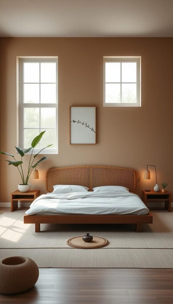 A serene, minimalist zen bedroom with soft, diffused lighting. The scene features a low wooden bed frame with crisp white linens, accented by natural textures like a woven rattan headboard and wooden side tables. Gentle, indirect lighting from a pair of muted sconces casts a warm, glowing ambiance throughout the space. Large windows allow natural daylight to filter in, creating a tranquil, meditative atmosphere. The walls are painted in a soothing, earthy tone, complemented by a simple abstract artwork. Potted plants and a small meditation cushion on the floor complete the peaceful, zen-inspired mood.