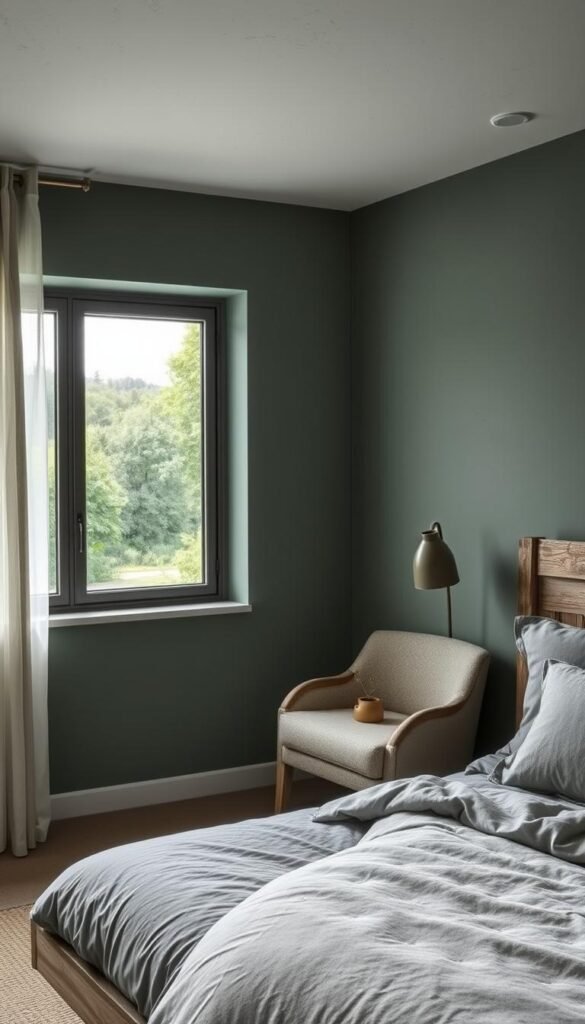 A serene, muted green-blue bedroom with soft, diffused lighting filtering through sheer curtains. The walls have a subtle, earthy texture, complementing the plush, dove-gray bedding and the weathered wood of the headboard. A large window overlooking a lush, verdant landscape creates a tranquil, nature-inspired atmosphere. Delicate plants in ceramic pots add a touch of greenery, while a cozy armchair in a complementary hue invites relaxation. The overall effect is one of calming, harmonious sophistication, evoking a sense of peaceful respite.