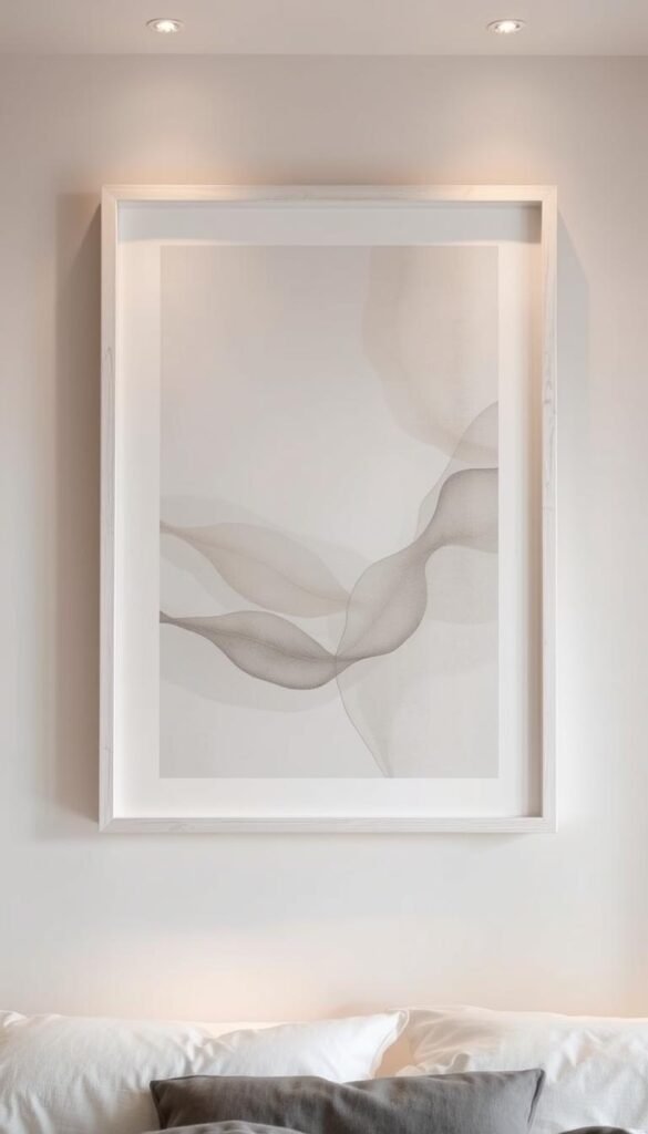 A serene, neutral-toned artwork hangs in a subtly-lit room, its whitewashed wooden frame blending seamlessly with the surrounding décor. The abstract composition features muted hues and soft, organic shapes that evoke a sense of tranquility. Soft, diffused lighting from hidden sources casts a warm glow, creating a cozy, inviting atmosphere. The artwork's muted tones and understated elegance complement the room's neutral color palette and minimalist furnishings, adding visual interest without overwhelming the space. The overall effect is one of refined, sophisticated simplicity - a perfect complement to the cozy, welcoming ambiance of the modern bedroom.