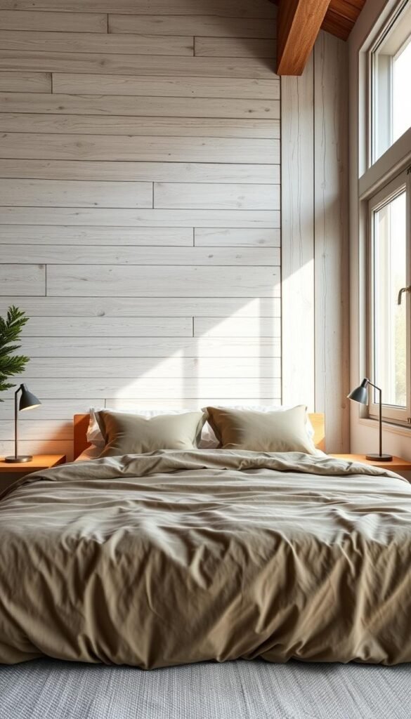 A serene, rustic-modern bedroom with a soothing color palette. The foreground features a plush, earthy-toned duvet cover and pillows, complemented by natural wood nightstands. The middle ground showcases a pair of minimalist lamps that cast a warm, ambient glow. The background depicts a feature wall with textured, whitewashed wooden panels, creating a cozy and inviting atmosphere. Soft, natural lighting filters in through large windows, illuminating the space and enhancing the tranquil, sanctuary-like feel. The overall color scheme comprises muted, earthy tones of beige, sage, and charcoal, evoking a sense of calming relaxation.