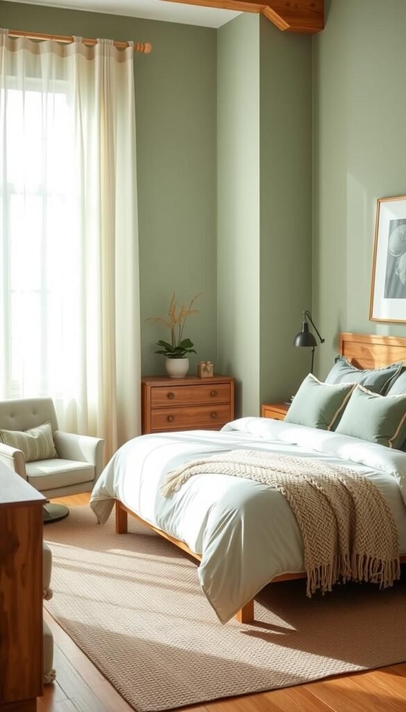 A serene sage green bedroom with warm wood accents. Soft, natural lighting filters through sheer curtains, casting a gentle glow. A cozy queen-sized bed with a plush comforter and pillows in complementary hues takes center stage. Wooden nightstands and a dresser provide storage and visual interest. In the corner, a comfortable armchair invites relaxation, next to a small side table with a potted plant. Subtle textures, such as a woven area rug and a chunky knit throw, add depth and visual appeal. The overall atmosphere is one of tranquility and calm, perfectly embodying the serene essence of the sage green palette.