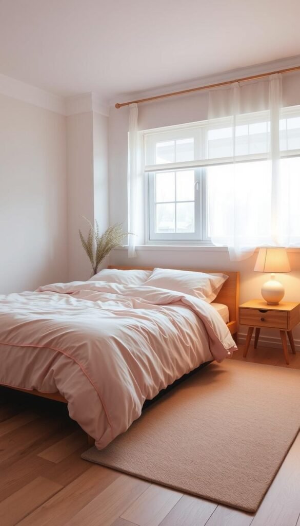 A serene, softly lit bedroom with a focus on warm, ambient lighting. The space features a plush, pale pink duvet cover adorning a low, wooden bed frame. Soft, diffused light emanates from a large window, casting a gentle glow on the scene. Strategically placed table lamps with delicate, linen shades provide additional luminance, creating a cozy, inviting atmosphere. The room's neutral color palette and clean, minimal aesthetic contribute to an overall sense of tranquility and relaxation. The camera angle captures the scene from a slightly elevated perspective, emphasizing the serene, harmonious ambiance.
