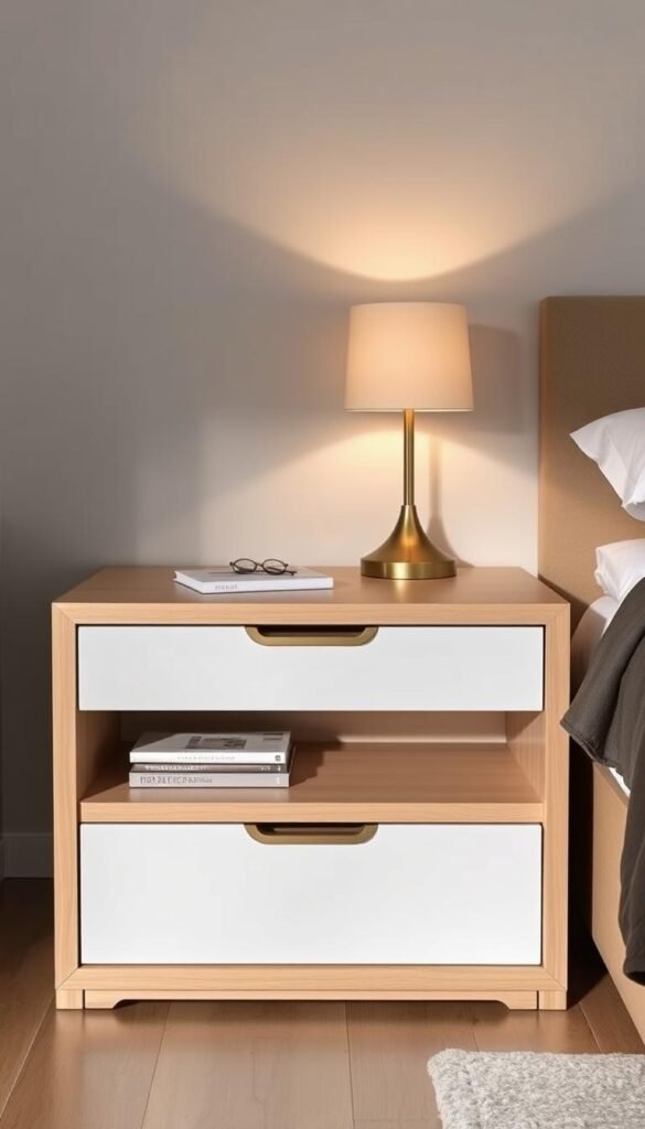 A sleek and modern bedroom side table with ample storage space. The table features a clean-lined wooden frame in a warm, natural tone, complemented by a smooth, minimalist tabletop. Soft, diffused lighting emanates from a discreet lamp, creating a cozy and inviting ambiance. The table's drawers and shelves offer practical storage solutions, allowing you to neatly organize your bedside essentials. Captured from a slightly elevated angle, this side table appears as a stylish and functional centerpiece, seamlessly blending form and function to elevate the overall aesthetic of the bedroom space.