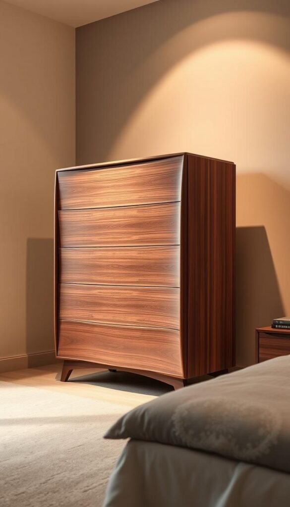A sleek and modern chest of drawers with a minimalist design, standing tall against a backdrop of warm, softly-lit bedroom walls. The dresser features clean lines, gentle curves, and a rich, wood-grain texture that exudes a sense of refined elegance. Strategically placed lighting casts a subtle glow, highlighting the intricate details and craftsmanship of the piece. The composition emphasizes the dresser's role as a stylish focal point, capturing its ability to elevate the overall aesthetic of the room while seamlessly blending function and form.