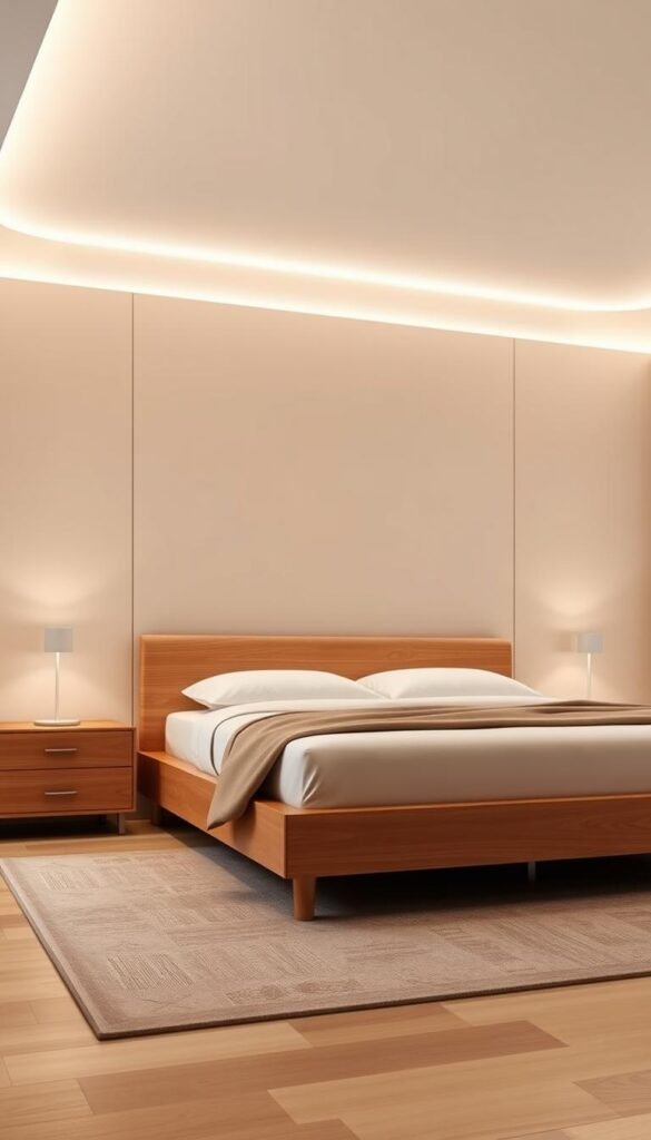 A sleek and modern low-profile bedroom set with clean lines and a minimalist aesthetic. A king-size bed with a low headboard and matching side tables in a warm wood tone against a neutral backdrop. Soft, indirect lighting casts a cozy glow, creating a serene and relaxing atmosphere. The furniture has a streamlined design with smooth surfaces and minimal ornamentation, prioritizing functionality and visual harmony. The scene is captured from a slightly elevated angle, showcasing the elegant proportions and harmonious arrangement of the pieces.