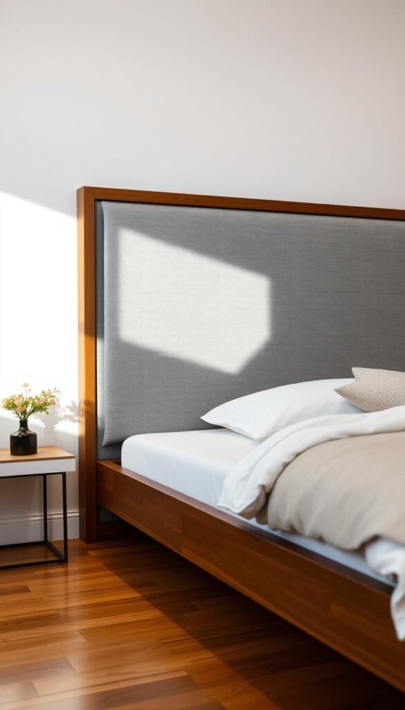 A sleek and modern statement headboard, the focal point of a chic bedroom. Elegant, low-profile wood frame with a sophisticated gray upholstered panel, accented by subtle lighting from above. Soft shadows create a serene ambiance, highlighting the headboard's clean lines and minimalist design. Warm hardwood floors and a neutral color palette complement the stylish aesthetic. Captured from a slightly angled perspective, emphasizing the headboard's central role in the harmonious bedroom composition.