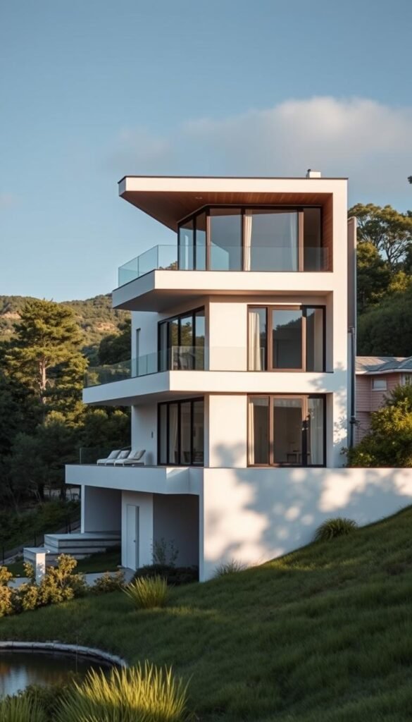 A sleek, contemporary three-story home nestled in a lush, verdant landscape. Clean lines, floor-to-ceiling windows, and a minimalist exterior palette of white, gray, and warm wood tones create a striking visual statement. The home is bathed in soft, natural lighting, casting dramatic shadows that accentuate the architectural details. A dramatic, cantilevered second-floor balcony and a striking, asymmetrical roofline add visual interest. The home is situated on a slight incline, allowing for panoramic views of the surrounding hills and a serene pond. This modern architectural masterpiece seamlessly blends form and function, offering a harmonious living experience in a picturesque setting.