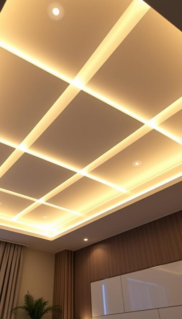 A sleek, floating false ceiling design with a captivating array of LED lights, creating a modern and ethereal ambiance. The seamless, minimalist panels appear to levitate, casting a soft, warm glow that illuminates the room. Subtle shadows accentuate the depth and dimension, while the clean lines and geometric patterns add a touch of sophistication. The lighting is expertly positioned to achieve a balanced, harmonious effect, drawing the eye upwards and evoking a sense of weightlessness. This design effortlessly blends form and function, elevating the bedroom interior with a touch of contemporary elegance.