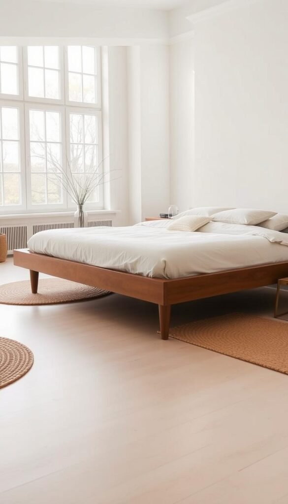 A sleek, mid-century modern platform bed with a low-profile, clean-lined frame and tapered wooden legs. The bed is set against a minimalist, light-filled room with pale hardwood floors and floor-to-ceiling windows that flood the space with natural light. Subtle textures like woven area rugs and soft, neutral bedding add warmth and coziness. The overall aesthetic is one of understated elegance and timeless sophistication, creating a serene and inviting atmosphere perfect for a cozy bedroom retreat.