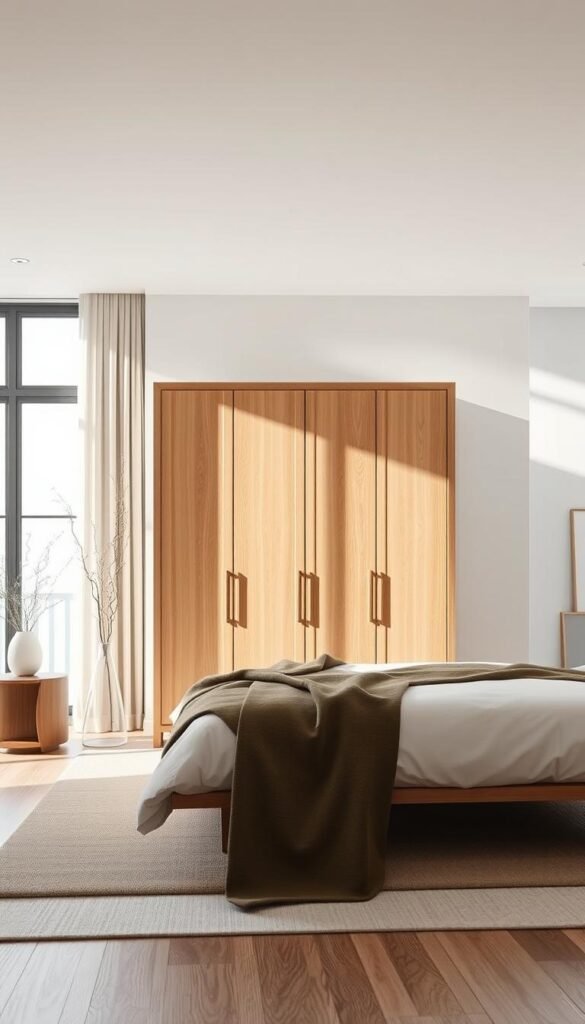 A sleek, minimalist room divider wardrobe design in a modern bedroom. The wardrobe features clean, straight lines and a warm, natural wood finish, seamlessly blending into the surrounding decor. Diffused natural light filters through large, floor-to-ceiling windows, creating a serene and calming atmosphere. The wardrobe acts as a subtle partition, dividing the space while maintaining an open, airy feel. Soft, muted tones throughout the room complement the wooden tones of the wardrobe, resulting in a cohesive and harmonious design. The overall aesthetic is sophisticated, elegant, and perfectly suited for a contemporary bedroom setting.