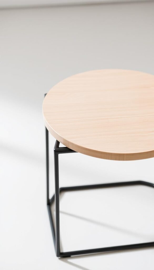A sleek, minimalist side table with a simple, clean-lined design. The table features a smooth, flat top surface made of light-colored wood, resting atop a slender, tapered metal frame in a matte black finish. The frame has a minimalist, geometric silhouette that creates a visually striking and balanced composition. The lighting is soft and diffused, highlighting the natural texture and grain of the wood top. The overall aesthetic is modern, elegant, and perfectly suited to complement a stylish bedroom interior.