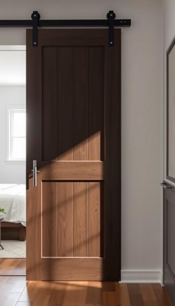 A sleek, modern barn door design with a chic, minimalist aesthetic. The door is made of a smooth, dark-stained wood with clean lines and a minimalist metal hardware. Soft, diffused lighting illuminates the door, casting gentle shadows that accentuate its simple yet elegant form. The door is set against a backdrop of a bright, airy space, perhaps a bedroom or living area, with white walls and hardwood flooring. The overall atmosphere is one of understated sophistication and a harmonious blend of rustic and contemporary elements.