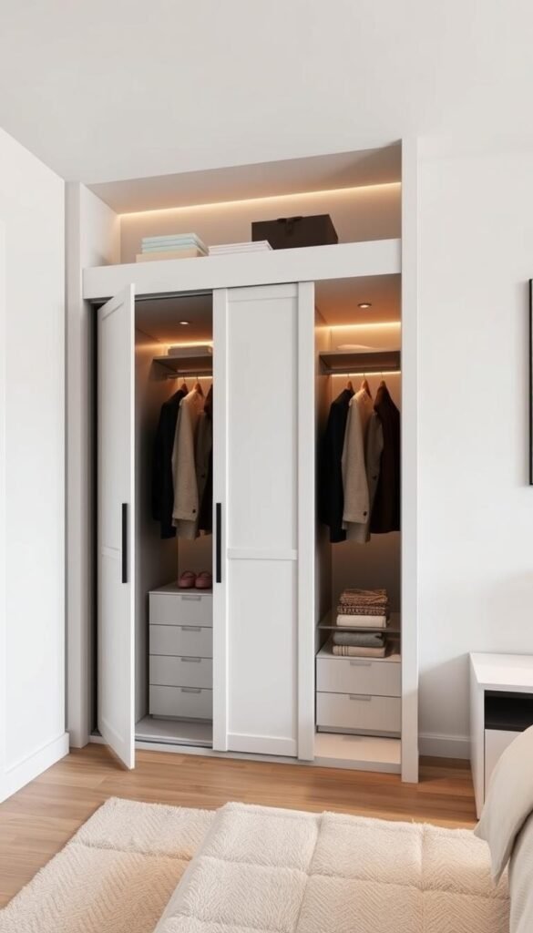 A sleek, modern bedroom wardrobe design with a clean, minimalist aesthetic. The wardrobe features a recessed panel door system that slides open to reveal ample storage space, optimizing the small footprint. Soft ambient lighting emanates from within, creating a warm, inviting atmosphere. The wardrobe's streamlined silhouette is accentuated by a crisp white finish, contrasted by dark accents. The design seamlessly integrates into the room's decor, with a floating shelf above providing additional storage and display space. A perfect balance of form and function for a space-saving, contemporary bedroom solution. A sleek, modern bedroom wardrobe design with a clean, minimalist aesthetic. The wardrobe features a recessed panel door system that slides open to reveal ample storage space, optimizing the small footprint. Soft ambient lighting emanates from within, creating a warm, inviting atmosphere. The wardrobe's streamlined silhouette is accentuated by a crisp white finish, contrasted by dark accents. The design seamlessly integrates into the room's decor, with a floating shelf above providing additional storage and display space. A perfect balance of form and function for a space-saving, contemporary bedroom solution.