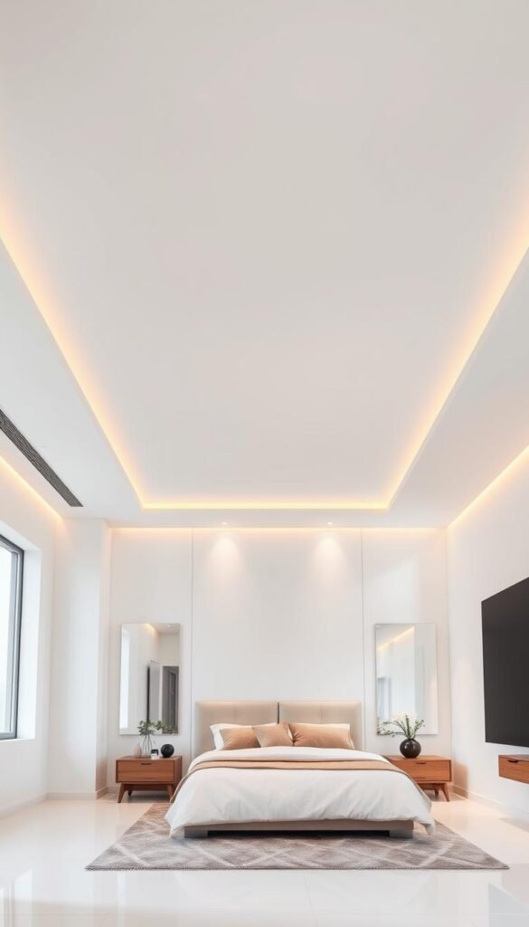 A sleek, modern bedroom with a high-gloss, seamless white ceiling that reflects the warm ambient lighting from recessed fixtures and a large window. The smooth, glossy surface creates an illusion of depth and heightened elegance, giving the space a polished, upscale feel. The ceiling blends seamlessly with the pale walls, creating a cohesive, minimalist aesthetic. Subtle textures and materials, such as a plush rug and wooden nightstands, add visual interest without disrupting the clean, refined atmosphere.