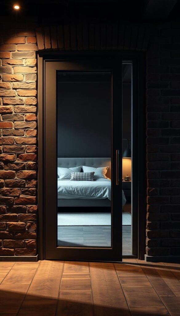 A sleek, modern industrial metal frame glass door stands in a dimly lit room, casting a warm glow from the soft lighting. The frame is a muted gunmetal gray, with clean lines and a minimal design. The glass panels are large and unobstructed, allowing a clear view into the cozy, polished bedroom beyond. The door is set against a backdrop of exposed brick walls, adding a rustic contrast to the contemporary styling. The scene is captured with a wide-angle lens, highlighting the interplay of industrial and elegant elements. An atmosphere of sophistication and understated luxury permeates the space.