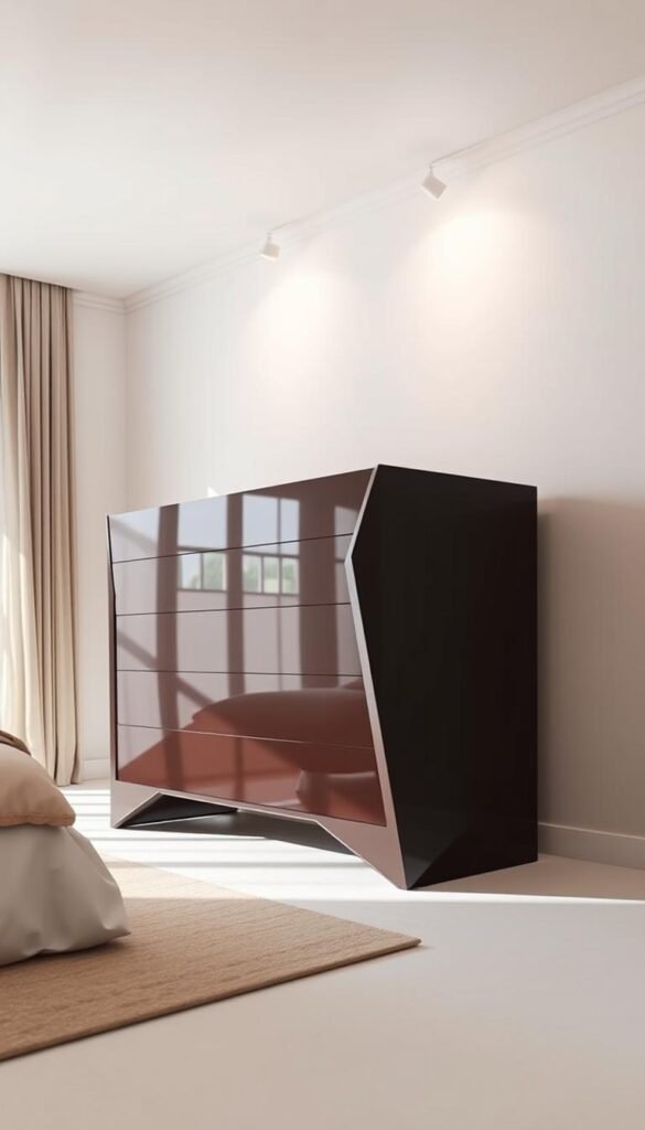 A sleek, modern statement dresser with a unique, angular design stands in a well-lit, minimalist bedroom. The smooth, high-gloss finish in a rich, deep hue reflects the soft, warm lighting from overhead fixtures, casting subtle shadows that accentuate the geometric lines. The dresser's distinctive silhouette, with its sharp, geometric edges and clean, linear aesthetic, commands attention as the focal point of the space. Complemented by a neutral, monochromatic color palette, the dresser's bold, sculptural form creates a striking visual impact, making it a true design statement piece for a contemporary, stylish bedroom.
