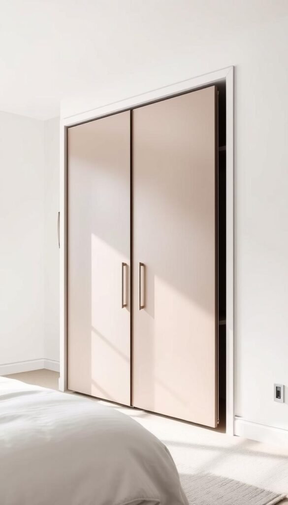 A sleek, modern wardrobe with sliding doors set against a minimalist, light-filled bedroom. The wardrobe's clean lines and brushed metal handles create a sophisticated, space-saving design. Soft, directional lighting from above casts gentle shadows, accentuating the wardrobe's elegant profile. The bedroom's neutral palette and subtle textures provide a serene, uncluttered backdrop, allowing the wardrobe to take center stage as a functional yet stylish focal point. The wardrobe's sliding doors glide effortlessly, maximizing the available floor space and creating an efficient, space-conscious storage solution.