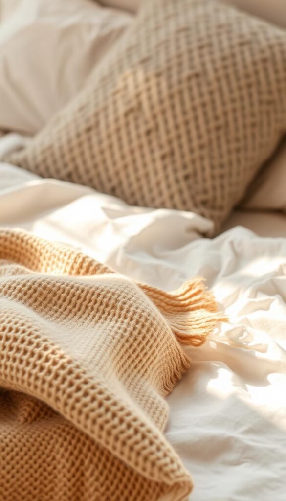 A soft, inviting composition of natural fiber bedding textures. In the foreground, a plush woven throw blanket in earthy tones of beige and sand, its delicate striations catching the warm, diffused light. Behind it, a set of crisp white linen sheets, their subtle rumpled texture adding depth and dimension. In the background, a cozy knit pillow in a muted gray, its intricate pattern casting gentle shadows across the scene. The lighting is soft and golden, creating a serene, tranquil atmosphere that evokes a sense of comfort and relaxation. Captured through a wide-angle lens to showcase the harmonious blend of natural fibers and artisanal craftsmanship.