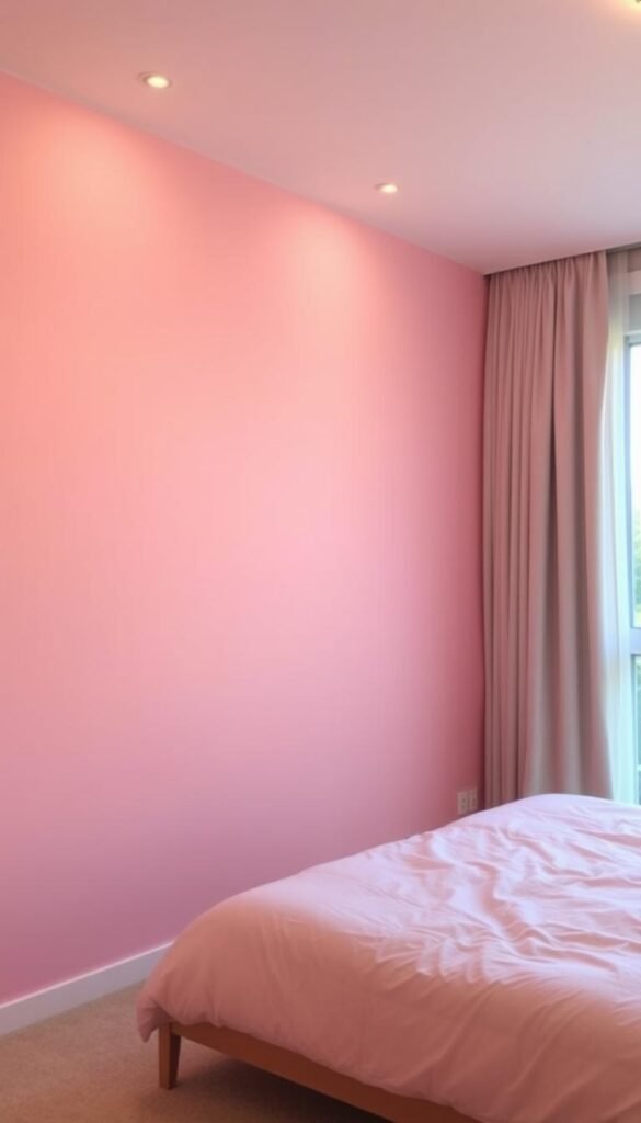 A soft, subtle pink hue graces the bedroom wall, creating a soothing and inviting ambiance. The lighting is warm and diffused, gently illuminating the space and accentuating the delicate pink tones. The wall texture is smooth, with a slight sheen that reflects the light, adding depth and dimension to the color. The room is spacious, with a large window allowing natural light to filter in, casting a warm glow over the space. The overall mood is calming and tranquil, perfect for a relaxing retreat.