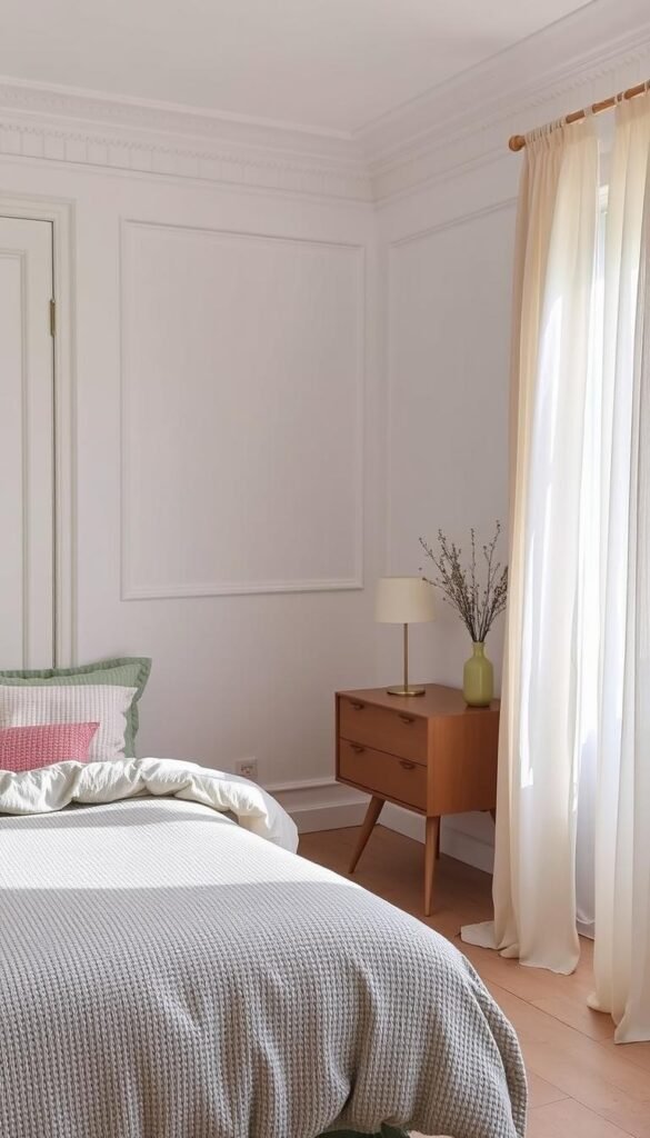 A softly lit Parisian bedroom with a muted, harmonious color palette. Warm white walls complement the pale wood flooring, while plush textured bedding in shades of sage and dusty rose create a cozy, inviting atmosphere. Soft natural light filters through sheer, billowing curtains, casting a gentle glow over the space. A mid-century inspired nightstand with a simple table lamp and a vase of delicate wildflowers add subtle touches of décor. The overall ambiance is one of tranquility and understated elegance, perfectly setting the stage for a restful and restorative slumber.