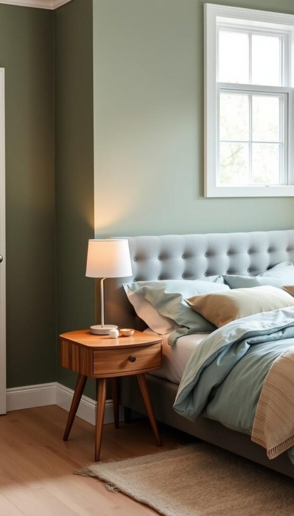 A soothing, modern cottage bedroom with a serene color palette of soft greens, dusty blues, and muted neutrals. The walls are painted in a calming sage green, with a plush, tufted headboard in a subtle dove gray. Soft, linen bedding in a tranquil sky blue creates a cozy, inviting atmosphere. A mid-century inspired side table in a warm oak tone stands alongside the bed, topped with a minimalist table lamp that casts a gentle, ambient glow. The room is filled with natural light from a large window, creating a serene, relaxing ambiance perfect for a peaceful retreat.