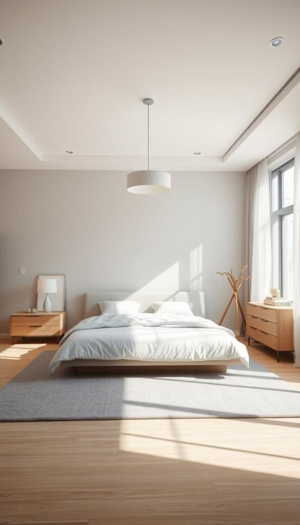 A spacious, airy bedroom sanctuary bathed in a serene palette of soft grays, creamy whites, and muted earth tones. A large bay window floods the room with natural light, casting gentle shadows across the plush gray area rug and the low-profile, platform bed draped in crisp linen bedding. Minimalist nightstands and a harmonious dresser in light oak wood tones complement the neutral color scheme. Wispy sheer curtains sway softly, adding to the tranquil ambiance. Indirect recessed lighting creates a warm, ambient glow, while a sleek, modern pendant fixture casts a soft, diffused illumination above the bed. An overall sense of calm, comfort, and balance permeates the space.