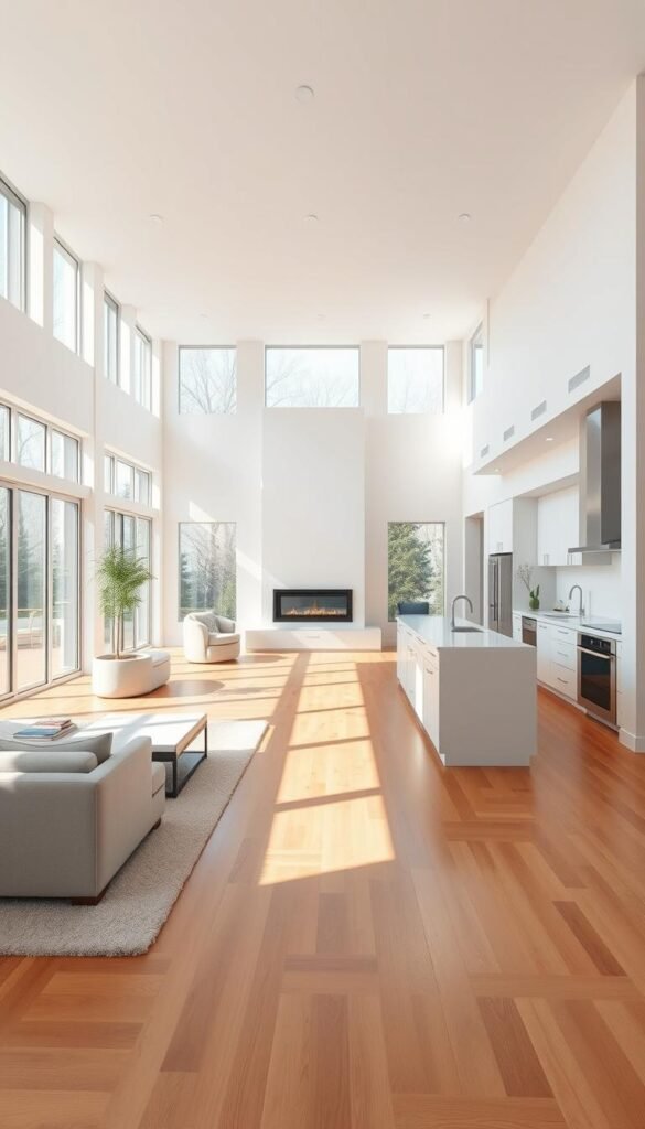 A spacious and airy open floor plan with clean, modern lines. A large central living area with plush seating and a minimalist fireplace. Abundant natural light floods the space through floor-to-ceiling windows, creating a bright and welcoming atmosphere. The kitchen is seamlessly integrated, featuring sleek white cabinetry and stainless steel appliances. Warm hardwood flooring runs throughout, complemented by subtle accent lighting. The space feels uncluttered and harmonious, showcasing the key features of a 3-bedroom modern house plan.