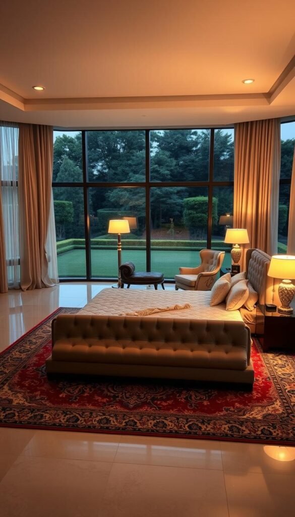A spacious and elegantly appointed bedroom in a modern mansion, bathed in warm, diffuse lighting. In the foreground, a sumptuous king-sized bed with a plush, tufted headboard sits atop a rich, Persian-style area rug. Flanking the bed are a pair of sleek, minimalist nightstands with tasteful table lamps. In the middle ground, a stylish chaise lounge and an ornate, high-backed armchair create a cozy conversation area, while a freestanding floor lamp casts a gentle glow. The background features floor-to-ceiling windows offering panoramic views of a lush, manicured garden, with sheer, billowing curtains framing the scene. The overall ambiance is one of refined luxury, comfort, and sophistication.