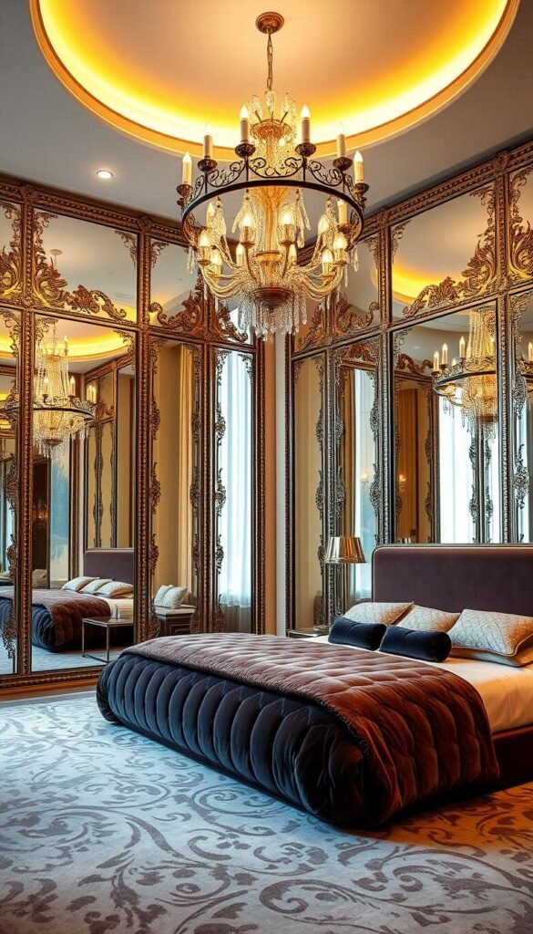 A spacious and luxurious bedroom, with oversized, ornate floor-to-ceiling mirrors adorning the walls. The mirrors reflect the warm, ambient lighting from the sleek, modern chandelier overhead, creating a soft, inviting glow. The mirrored surfaces bounce light around the room, making the space feel airy and open. Plush, velvety textiles in rich, jewel-toned hues complement the mirrored elements, exuding a high-end, glamorous aesthetic. The mirrors are framed in metallic accents, adding a touch of opulence to the design. The overall effect is one of grandeur and sophistication, perfectly suited for a modern, high-end bedroom space.