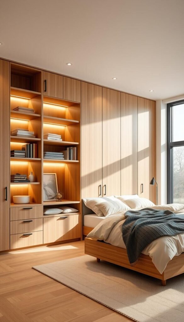 A spacious, modern bedroom featuring a custom-built wall unit with sleek, modular storage solutions. The unit is crafted from warm, natural wood tones, complementing the minimalist, Scandinavian-inspired decor. Recessed lighting casts a soft, ambient glow, highlighting the clean lines and thoughtful design. Shelves, drawers, and hidden compartments offer ample storage for clothing, books, and personal items, creating a serene, clutter-free environment. The bedroom is bathed in natural light from large windows, giving the space an airy, rejuvenating atmosphere. The overall composition emphasizes functionality, style, and a harmonious integration of form and function. A spacious, modern bedroom featuring a custom-built wall unit with sleek, modular storage solutions. The unit is crafted from warm, natural wood tones, complementing the minimalist, Scandinavian-inspired decor. Recessed lighting casts a soft, ambient glow, highlighting the clean lines and thoughtful design. Shelves, drawers, and hidden compartments offer ample storage for clothing, books, and personal items, creating a serene, clutter-free environment. The bedroom is bathed in natural light from large windows, giving the space an airy, rejuvenating atmosphere. The overall composition emphasizes functionality, style, and a harmonious integration of form and function.